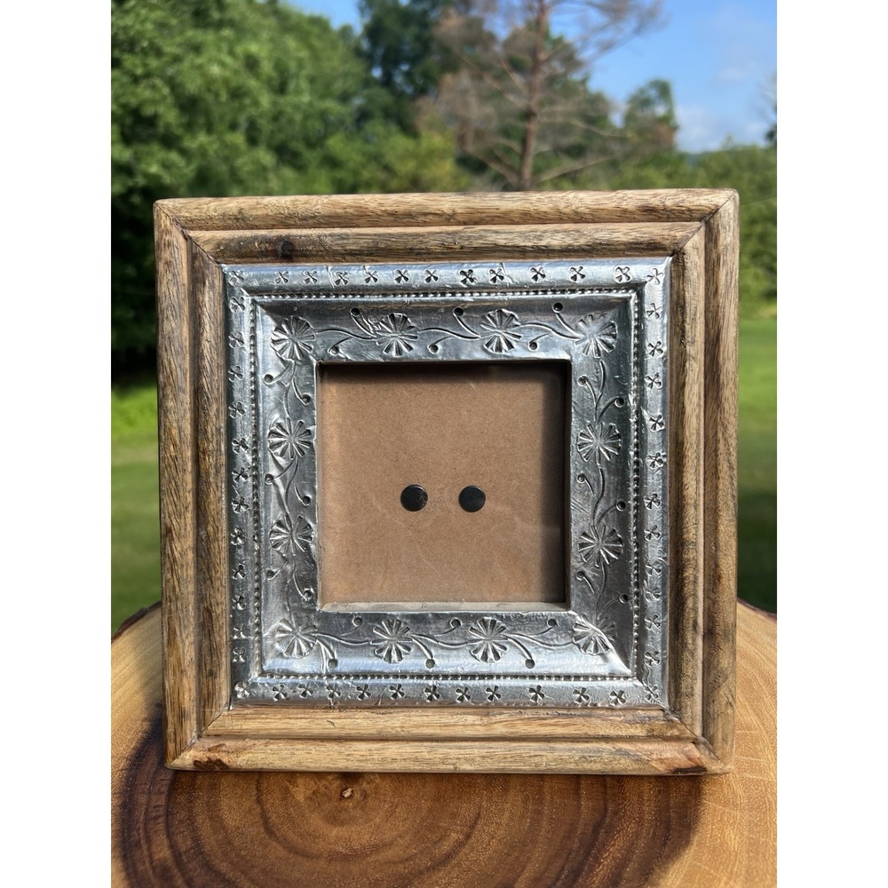 Leo Arts India 8x8 Mango Wood 4x4 Picture Frame Silver Embossed Rustic Boho